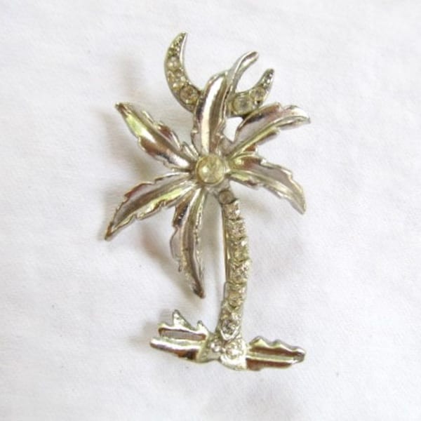 Karu Arke Rhinestone Brooch Palm Tree Signed Silver Tone