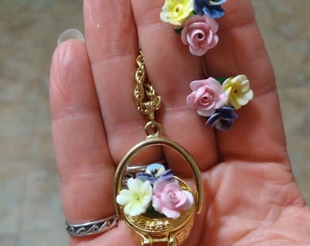 Vintage flower jewelry, Vintage flower locket with earrings, charming collectables by pai jewelry,  flower basket locket