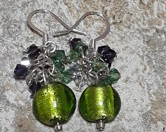 Green and purple foiled glass dangles, drop earrings, dangle earrings, glass earrings