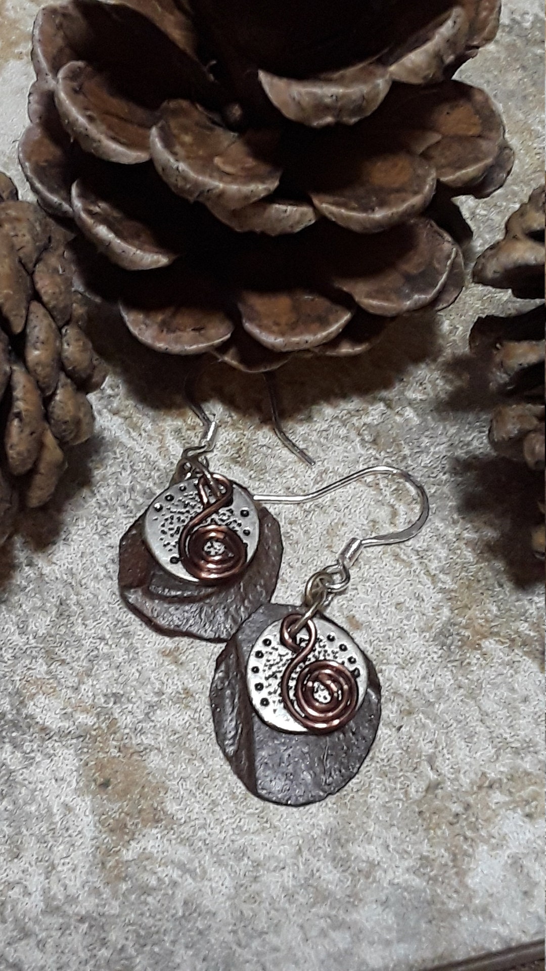 Pine Bark Metal Dangles, Nature Jewelry, Pine Bark Jewelry, Wooden