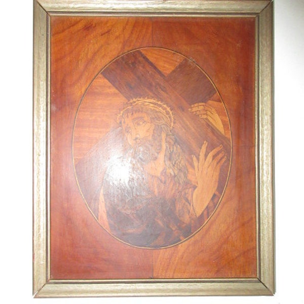 antik Jesus mit Kreuz Schnitzbild Holz Rahmen Bilderrahmen Intarsien c 1900