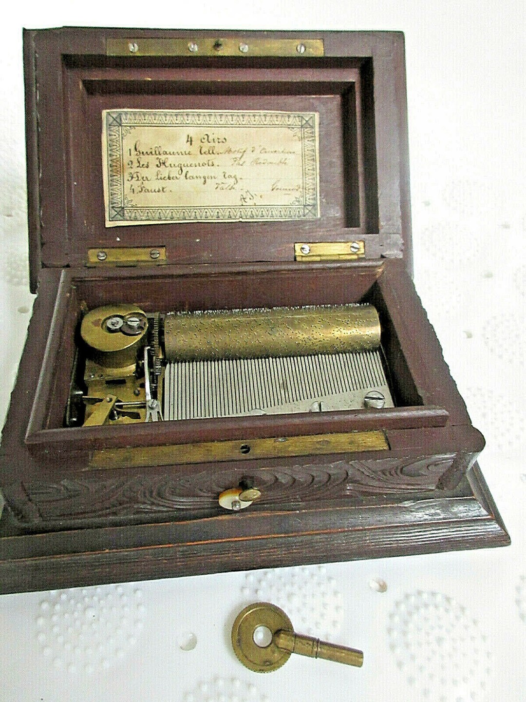 Antike Walzen-spieluhr Spieldose 4 Melodien Holzgehäuse Ca. 1850 ...