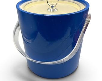 Vintage Royal Blue Insulated Ice Bucket Clear Acrylic Lid Swing Handle Made in USA Mid Century Modern Retro Barware 8 Inch