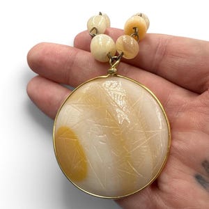 Vintage Mayan Sun Striped Agate Necklace 22.5” Large Carved Stone Pendant Mesoamerican Revival Statement Jewelry