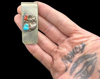 Vintage Navajo Türkis & Koralle Geldspange Vintage Navajo Geldspange Vintage Southwest Geldklammer Silberplatte Navajo Geldspange Türkis