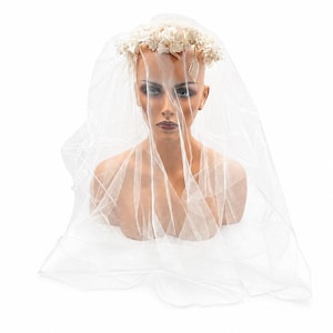 Vintage 90s Bridal Veil Train White Tulle Rhinestone Headband Wedding 95\