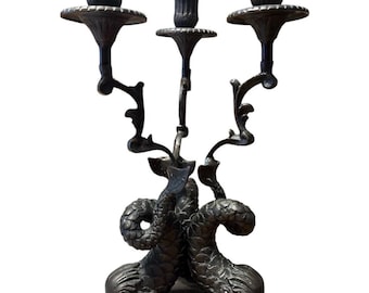 Rare Antique Late 19C Early 20thC Bronze Koi Fish 3-Arm Candelabra Empire Ornate Decor  Antique Bronze Asian Dolphin Triple Candelabra Koi