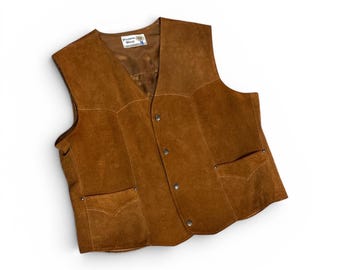 Colete estilo cowboy western vintage dos anos 70, forrado em camurça marrom, tamanho 46 (XL). Colete masculino de couro e camurça marrom dos anos 70, tamanho XL (46).