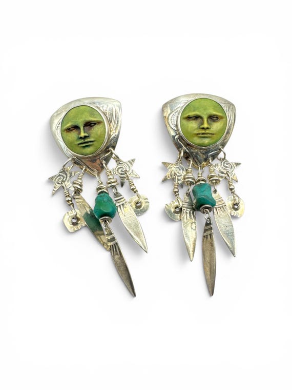 Vintage 1980s Sterling Silver Signed Tabra Turquoise Moon Face Dangle Earrings 2.75” 80s Sterling Tabra Earrings Tabra Moon Face Earrings