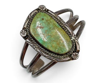 Vintage Navajo Sterling Silver Kingman Turquoise Statement Cuff Bracelet Split Shank Native American Jewelry 6.5” Wrist