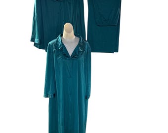 Vintage Üppiger Dreiteiler 1970s Smaragd Grün Nylon Vanity Fair Loungewear PJ Peignoir Set Robe Top Hose XL 2XL Grünes Peignoir Set 2XL