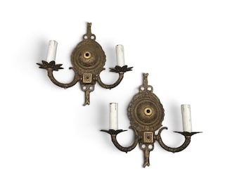 Antique 1920s Pair Ornate Cast Brass Double Arm Electric Candelabra Wall Sconces Spanish Egyptian Revival Lighting