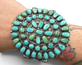 Vintage Pre-1960s Navajo Sterling Silver Natural Carico Lake Turquoise Cluster Cuff Bracelet Old Pawn Southwestern 6-6.5” Wrist