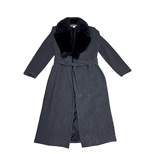 May include: A charcoal gray, full-length coat with a black faux fur collar and a matching belt. The coat has long sleeves and a classic, tailored design. The coat is displayed on a white background.