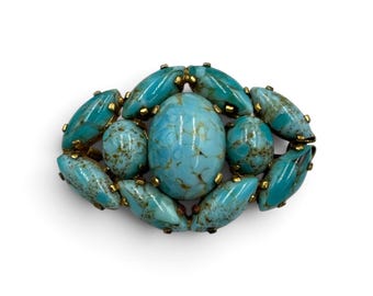 Vintage 1930s Czechoslovakia Turquoise Art Glass Cabochon Prong Set Brooch Pin C Clasp Czech Bohemian Jewelry