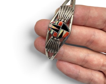 Vintage 1980s Navajo Sterling Silver Opal Coral Onyx Mosaic Inlay Cuff Bracelet Native American Southwest Jewelry 6.5”