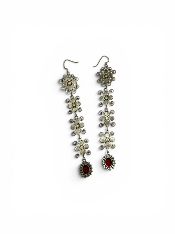 Vintage Sterling Silver Garnet Shoulder Duster Earrings 4.25” Victorian Revival Sterling Silver Garnet Duster Earrings 4.25” Long 925 Garnet View 3