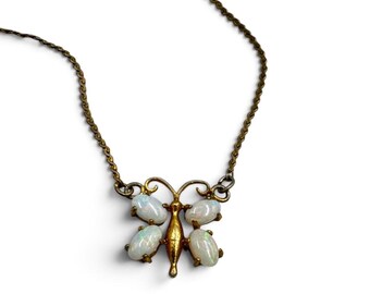 Vintage Fairycore Gold Tone Opal Butterfly Insect Pendant Choker Necklace 16”  Vintage Cottagecore Jewelry Vintage Gold Plated Opal Choker