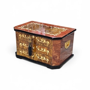 Vintage Italian Inlaid Burl Wood Glossy Jewelry Chest Box Vintage Italian Burl Marquetry Inlaid Wood Jewelry Box Locking Vintage Italian Box