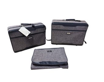 Vintage Set of Three Jordache Blue Tweed Luggage Set Large Small On Wheel Garment Hanging Bag 90s Jordache Blue Tweed Rolling Luggage Set