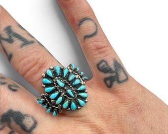 Vintage Sterling Silver Natural Turquoise Petit Point Zuni Style Cluster Statement Ring Size 9.5 Made in Philippines