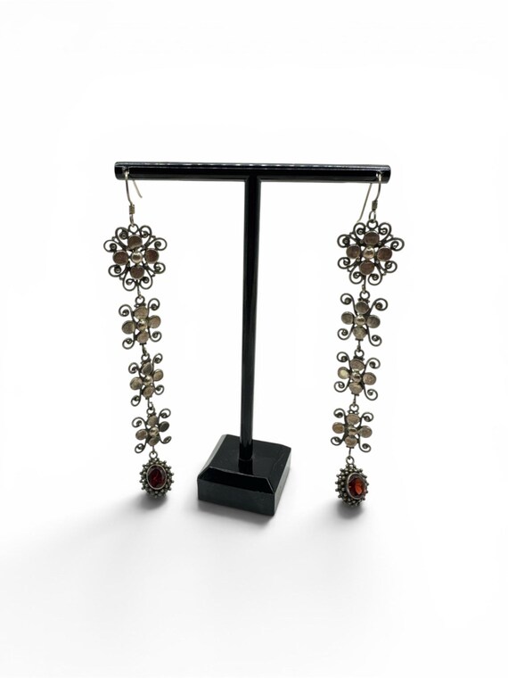 Vintage Sterling Silver Garnet Shoulder Duster Earrings 4.25” Victorian Revival Sterling Silver Garnet Duster Earrings 4.25” Long 925 Garnet
