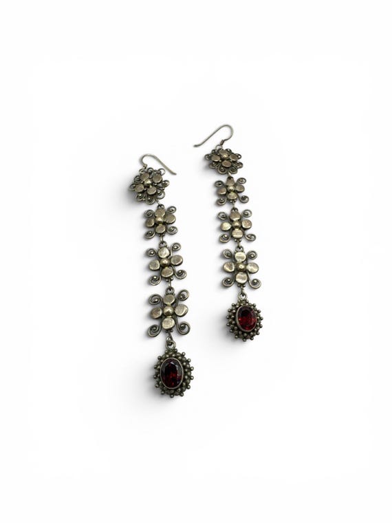 Vintage Sterling Silver Garnet Shoulder Duster Earrings 4.25” Victorian Revival Sterling Silver Garnet Duster Earrings 4.25” Long 925 Garnet View 2