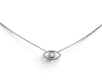 Vintage Y2K Sterling Silver Lab Created Opal Evil Eye Necklace Clear Rhinestone Protective Talisman Pendant Adjustable 18.5”