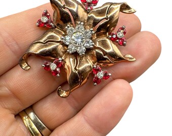 Vintage 1940s Pennino Bros Sterling Silver Gold Vermeil Ruby Red Flower Brooch Art Deco Gold Vermeil over Sterling Silver Pennino Brooch Red