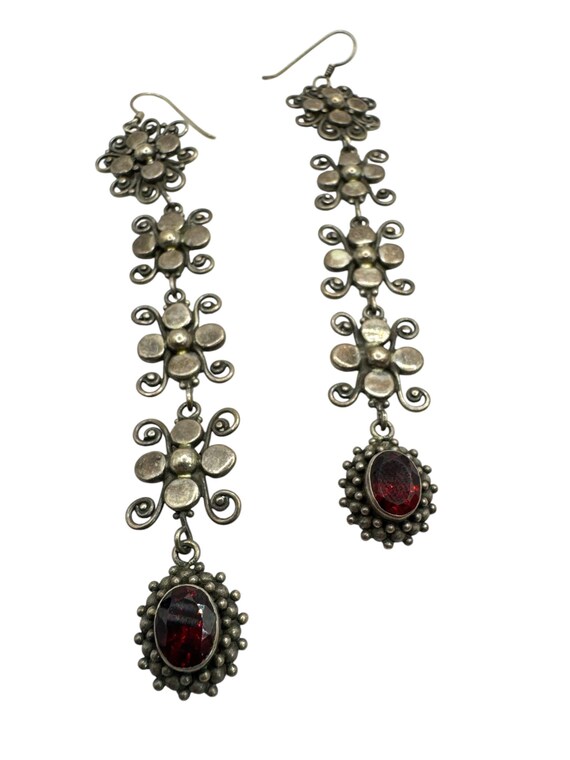 Vintage Sterling Silver Garnet Shoulder Duster Earrings 4.25” Victorian Revival Sterling Silver Garnet Duster Earrings 4.25” Long 925 Garnet View 5
