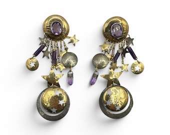 Pendientes colgantes vintage de plata de ley con baño de oro de 14 quilates, firmados por Tabra, con turmalina púrpura y amatista, 10 cm (4 pulgadas)