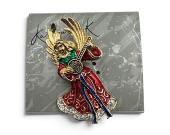 Vintage 1990s Katherine K Enamel Rhinestone Christmas Angel Banjo Brooch Vintage 1990s NOS Katherine K Gold Tone Enamel Rhinestone Christmas