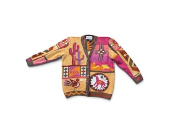 Vintage 1990s J Two New York Southwest Kokopelli Chunky Knit Pima Cotton Cardigan Sweater Small Oversized