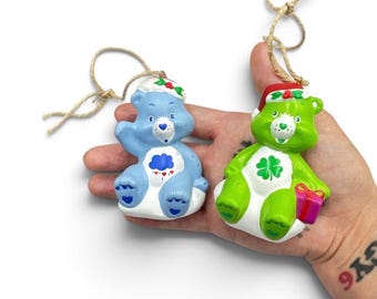 Vintage 2005 Care Bears Christmas Ornaments Pair Grumpy Bear Good Luck Bear Hollow Plastic Holiday Tree Decor 3”