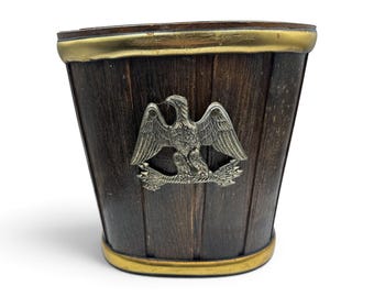 Vintage Putney Baskerville Vermont Wooden Wastebasket Brass Eagle Trim Rustic Americana Colonial Office Decor 11.5”