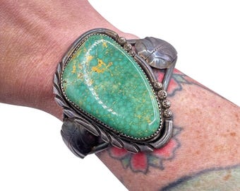 Vintage Sterling Silver Native American Green Royston Signed Rosella Paxson-Sandoval Apache Cuff 43 grams Green Royston Turquoise Cuff 6.5”