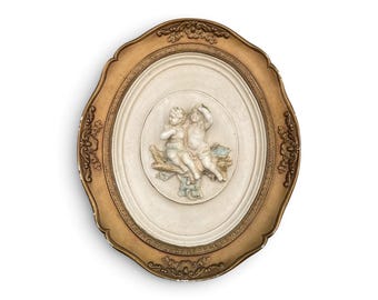 Vintage Mid Century Chalkware Cherub Putti Wall Plaque Ornate Gold Frame 13” Vintage Italian Style Chalkware Cherub Angel Wall Hanging