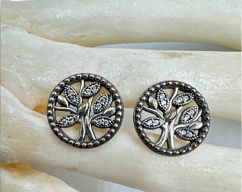 Vintage Y2K Sterling Silver Genuine Diamond Tree of Life Vine Round Post Stud Earrings Oxidized Botanical Jewelry 3/8”