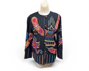Vintage Julia Kim Scorpion Embroidered Art Jacket Glass Bead Button Korean Designer Women’s Small Boho Western Statement