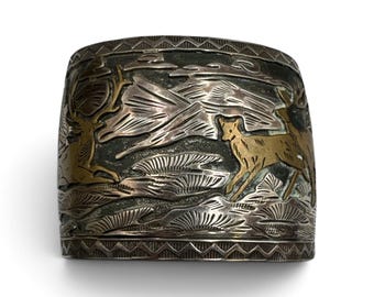 Vintage Navajo Verdy Jake Sterling Silver 12K Gold Filled Overlay Storyteller Wildlife Animal Cuff Bracelet 7”