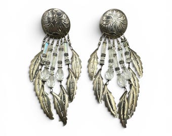 Vintage 1980s Sterling Silver Signed Tabra Rainbow Crystal Dangle Feather Duster Earrings 4” Sterling Southwestern Feather AB Crystal Dangle