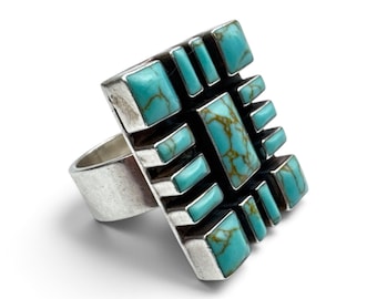 Vintage Southwest Sterling Silver Turquoise Geometric Mosaic Rectangle Statement Ring Size 9 Adjustable Chunky 925 Jewelry