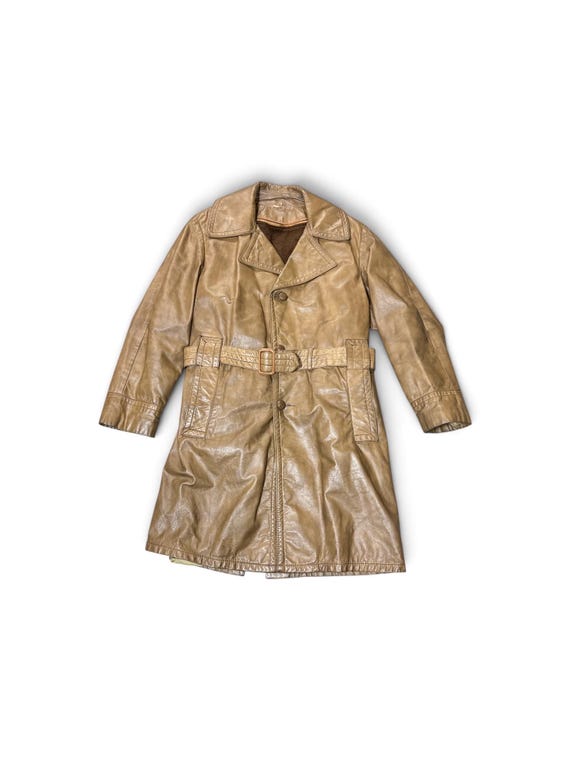 Vintage 1970s Brown Genuine Leather Belted Trench Coat Removable Warm Lining Mod Boho Jacket 38” Bust Medium