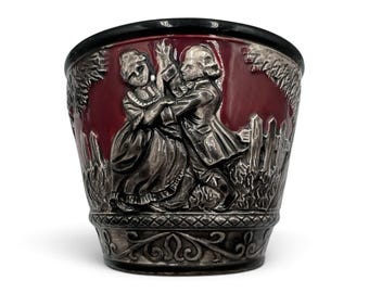 Vintage 1960s Inarco Japan E-2590 Ceramic Planter Vase Medieval Courting Couple Castle Burgundy Silver Relief Vintage Inarco Japan E-2590