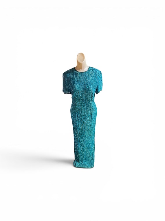 stenay beaded silk dress Vintage 1980s Long Turquoise Formal Maxi Gown Med Vintage Stenay 100% Silk Long Gown Beaded Sequin Evening Formal Gown Mini dress Petal and Pup Briar season_Fall Color:Blue Fog