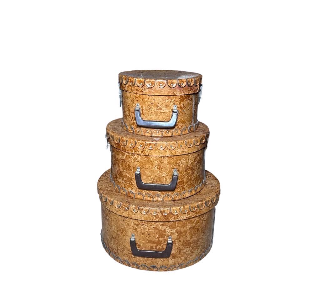 Vintage Steampunk Faux Leather Vinyl Brown Triple Stacking Nesting Hat Boxes Felt Lined Small Medium Large Vegan Leather Decorative Stacking