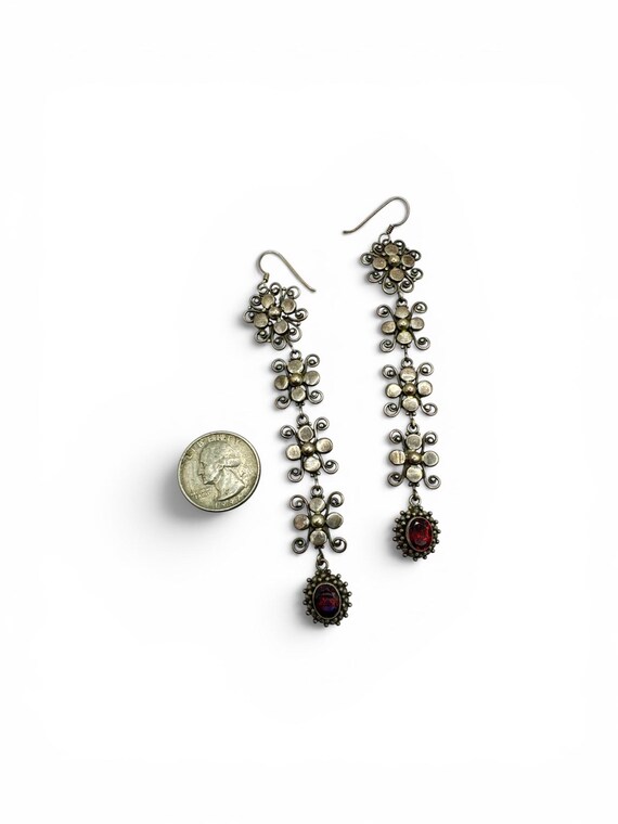 Vintage Sterling Silver Garnet Shoulder Duster Earrings 4.25” Victorian Revival Sterling Silver Garnet Duster Earrings 4.25” Long 925 Garnet View 4