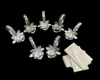 Vintage 1970s Princess House Victorian Rose Silver Plated Napkin Rings Place Card Holder 7 Piece Set with NOS Cards