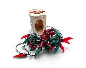 Guirnalda de luces navideñas vintage con forma de chile, 35 luces, Casa Noel, Nuevo México, caja original, probadas y funcionando. Decoración para interiores y exteriores.