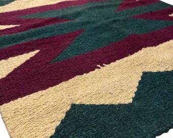 Vintage 1980s 1990s Hand Loom Southwest Geometric Area Throw Rug Wool Blend Made in India Green Burgundy 29.5” x 33”